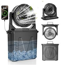 Camping Ventilator mit 9L Wassertank, 20000-mAh-Akku Ventilator mit Wasserkühlung, 4 Geschwindigkeiten & 4 Nebelmodi, Tragbarer Nebelventilator mit LED-Licht, Leise, Ideal für Camping, Angeln & Reisen