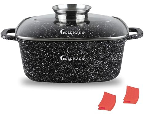 Goldmann 28cm Quadratischer Alu-Guss Bräter (6.5L) mit Glasdeckel, Keramik, Induktion, Aromaknopf, PFOA-frei, Spülfest