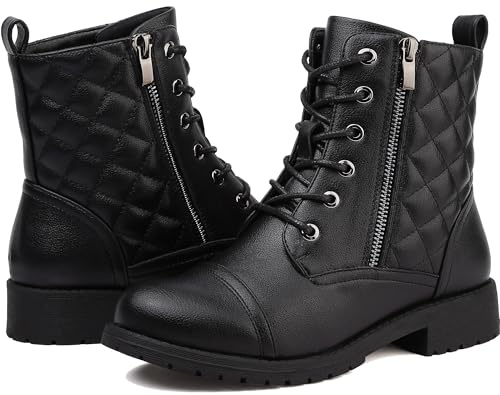 Maxome Boots for Women Walking Ankle Boots Waterproof Combat Black Lace up Booties Side Zipper Low Heel Booties
