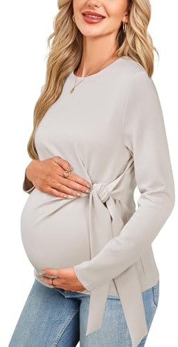 OUGES 2025 Women's Maternity Shirts Bow Tie Waist Belt Long Sleeve Pregnancy Must Have Dressy Casual Tops Crew Neck Fall Winter Elegant Business Outfits Office Blouse Work Clothes(Oat Grey,M)