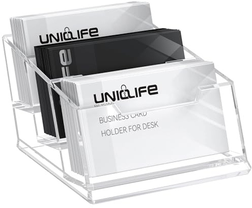 Uniclife Porte-Cartes de Visite en Acrylique Transparent 3 Emplacements, Support Bureau pour Hommes et Femmes, Organisateur 180 Cartes pour Bureau Domicile et Exposition