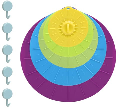 KQDRAVINE 5 Pezzi Coperchi in Silicone con 5 Ganci, Cucina Coperchio Silicone per Pentole Riutilizzabili, per Mantenere la Freschezza, Adatti a Piatti, Tazze, Ciotole, Pentole, Cibo, Yogurt
