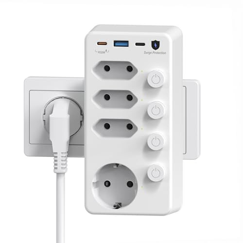 Doppia spina per presa, presa multipla con USB C 20 W, adattatore a 4 prese, protezione da sovratensione, commutabile singolarmente, presa multipla USB, per cucina, soggiorno, bianco