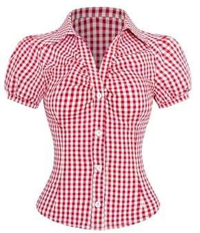 GORGLITTER Traditionell blus damer, modern skjortblus, rutig blus med knappar, Dirndlblus, Oktoberfest outfit, blustoppar