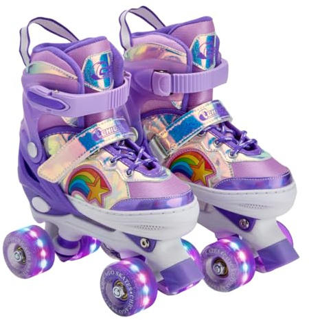 Chicago Skates Glitzy Kids Roller Skates Rainbow- Adjustable Roller Skates Girls Boys, Light-Up Wheels, Durable Beginner Quad Skates, Front Stopper, Comfortable, Smooth Rolling, Indoor Outdoor,Age 3+