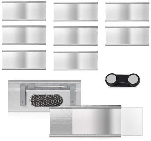 Namnskyltar med magnet, 10 stycken namnskyltar för klädmagnet, 72 x 31 mm aluminiummagneter namnskyltar med dubbelmagnet, med pappersinsättning, för utställning, restaurang, skola