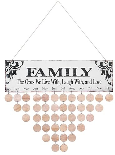 WINOMO Gifts for Mom Grandma Family Birthday Calendar with Tags Birthday Reminder Plaque Wall Hanging DIY Wooden Calendar Celebrations Board Dad Grandpa Friend Home Decor with 50pcs