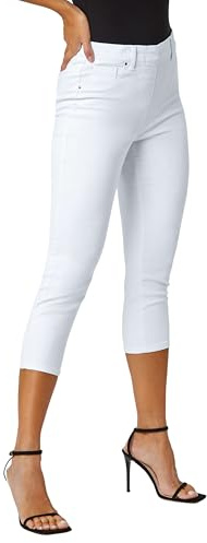 Roman Cropped Jeggings for Women UK Ladies Capri Stretchy Jeans Denim Legging Cotton Summer Trouser Three Quarter 3/4 Length Pull On Cut Off High Waist Smart - White - Size 14