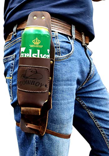 5MOONSUN5's Beer Holster Leather Cowboy Beer Holster, Handsfree Beverage Holder, Bottle Leg Grip, Old School, Western Drinking, Men's Party Gift Gear, Handmade with Brass Metal Rivets (Bourbon Brown)