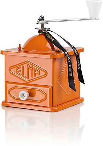 Macinacaffè manuale Elma in stile vintage realizzato in lamiera | Piatto, uso decorativo, 10,5 x 10,5 x 15,5 cm | Mulino a vento retrò | Non macina il caffè | Progettato in Spagna | Arancia
