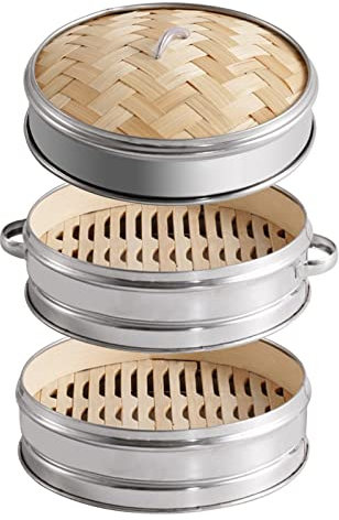 Generic Cuiseur Vapeur en Bambou à 2 Étages avec Couvercle pour Légumes, Viande et Poisson - Acier Inoxydable - Brown