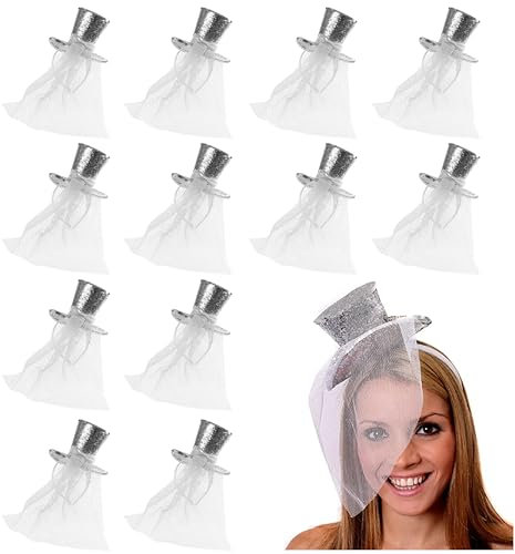 Silberner Glitzer-Zylinderhut für Damen – 12 Stück – Mini-Paillettenhut mit angenähtem silberfarbenem Fascinator-Schleier – Damen Weihnachten Kostüm Zubehör