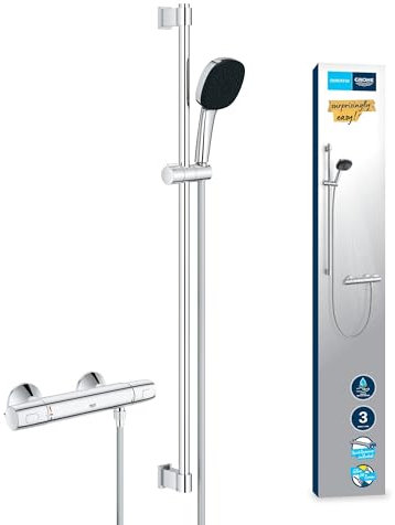 GROHE Precision Trend, Duschset mit Thermostat wassersparend, 8l pro Min (Duscharmatur hält Temperatur konstant, Duschkopf 3 Strahlarten, 1,75m Schlauch, Duschstange 90cm, 3in1 Tool), chrom, 34855003