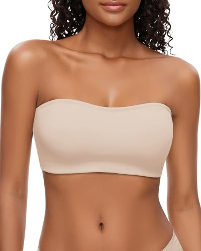 WOWENY Damen Trägerloser BH Push Up Ohne Bügel BH Ohne Träger Bandeau BH Große Größen Non-Slip Bralette BH Nahtlose Tube Top BH,Beige,M