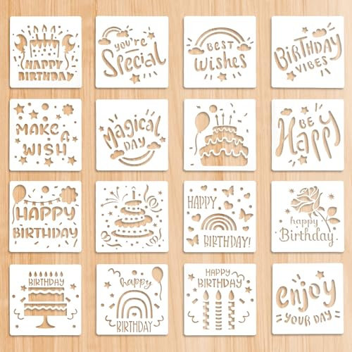 Abeillo 16 stencil Happy Birthday per artigianato, pittura, legno, parete, pavimento, tela e altro ancora, riutilizzabili, materiale PET, 15 x 15 cm