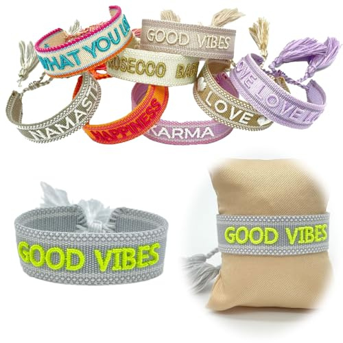 LS-LebenStil Exklusives Statement Armband - das Original - Good Vibes Grau Neon Grün 16-20cm Quasten besticktes Boho Canvas Webarmband Damen Freundschaftsarmband Geschenk gewebt textil Stoffarmband