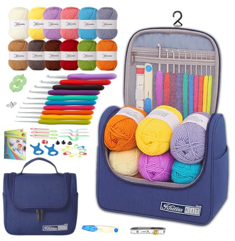 Knitiss Crochet Kits for Beginners Adults, All in One Crochet Starter Kit with 12 Pcs Crochet Yarn, 9 Size Ergonomic Crochet Hooks 2.0mm~6.0mm