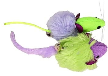 Dingo Le Set de Jouets Festifs pour Chat: 2 Souris en Tricot Moelleuses avec Clochettes Attachées, pour Jouer et Chasser. Jouets Légers pour Chat, Couleurs Vert et Violet (21194)