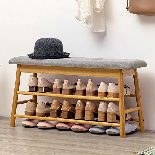 HYGRAD BUILT TO SURVIVE Bamboo Hallway Shoe Rack 3 Tier Shoe Rack Organiser Entry Cushioned Bench With Storage Compartment Under Bench Natural Bamboo For Hallway Living Room Bedroom Bathroom Office