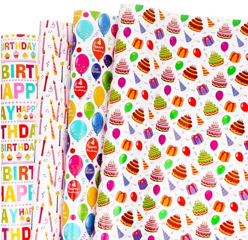 Birthday Wrapping Paper Sheet,8 Sheets Folded Flat Gift Paper,4 Colourful Balloon Design Gift Wrapping for Kids Boy Girl's Women's Birthday Party, Baby Shower - 51 X 74CM Per Sheet (White)
