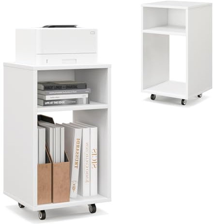 KOMFOTTEU Rollcontainer mit 2 offenen Regalen, Druckertisch Büroschrank mit Rollen, Druckerständer Bürowagen weiß, Aktenwagen für Büro, 33 x 30 x 58 cm