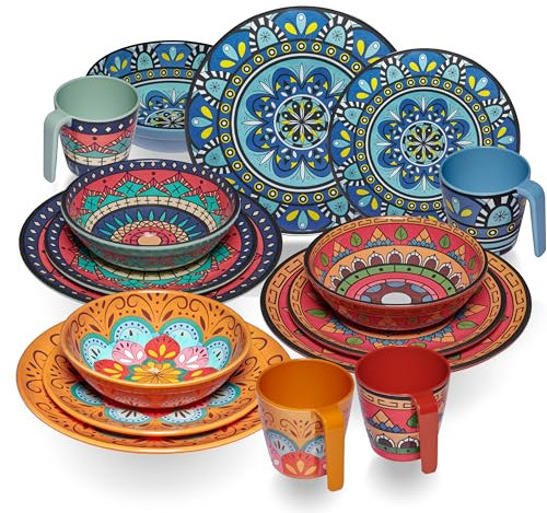 Melamin Geschirr Set Toskana Pastel für 4 Personen - 16 Teile - BUNT - Mandala-Optik Spülmaschinengeeignet Essgeschirr Campingzubehör Campinggeschirr Wohnwagen Camping Festival Picknick Gartenparty