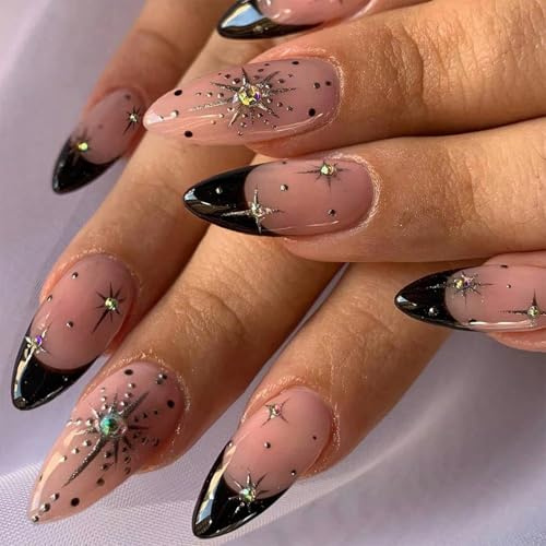 24pcs Black False Nails - 12 Sizes Almond Press on Nails Medium Length - Fake Nails with Glue - Full Cover Acrylic Nail French Tip with Diamond Star Design