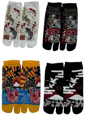 Lot de 4 paires de chaussettes japonaises en coton à bout fendu, style kimono, sandales, tabi, ninja, geta, geisha, pour homme (A-06)