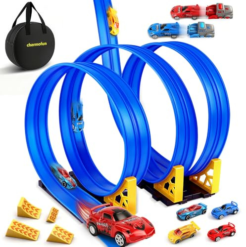 Charmofun Circuit Voiture Enfant 5M, 1:64 Piste de Voiture avec 4 Voitures,Sac Rangement, Circuit de Voiture avec Rampe et Lanceur, Piste de Course Portable Double Voies pour Enfants de 3+ Ans (Bleu)