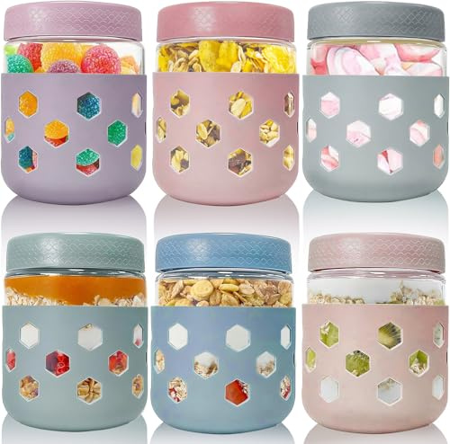 Overnight Oats Jar Container set 6, 480ml Glass Mason Jars with Lids