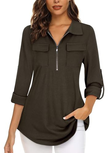 Gemulate Womens Tops 3/4 Sleeve Tops for Women Polo Top Floral Printed Shirts with Zip Up V Neck Tunic Blouse Basic Tops