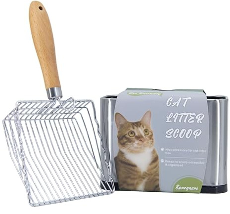 Epargnaro Metal Cat Litter Scoop with Holder, Stainless Steel Cat Litter Scooper Holder Trash Container, Heavy-Duty Kitty Poop Scooper with Coarse and Fine Grids for All Litter Pan