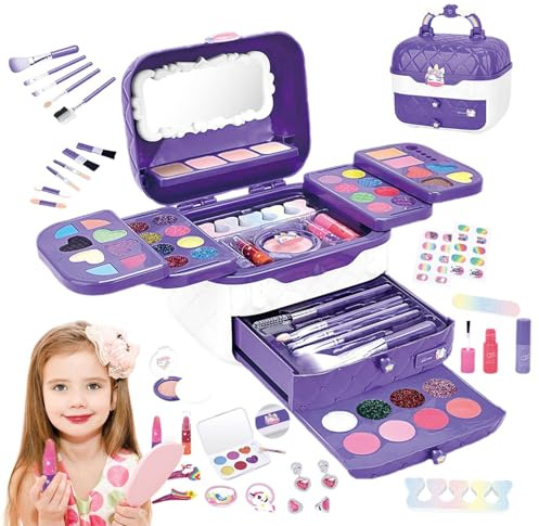 Kit de maquillaje para niños – 16,2 x 14 x 17,5 cm ABS, lavable, juego de maquillaje cosmético | Perfecto para vestirse, juegos creativos, cumpleaños, Navidad, regalo, fiesta, almacenamiento, espejo
