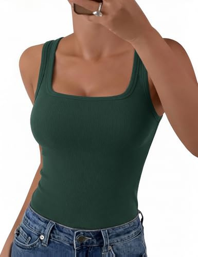 Aottori Camiseta sin Mangas Mujer Verano Cuello Cuadrado Tops Ajustado Elástico Camisetas Tirantes Elegante Punto Tank Top Sólido Básica Chalecos Top
