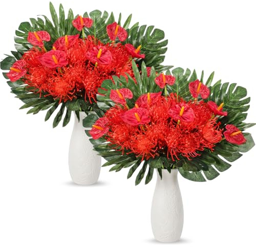Hotop 144 Pcs Artificial Tropical Flowers for Summer Party Centerpieces Fake Floral Decor Set with Leucospermum Pincushion Flowers Anthurium & Tropical Leaves (Monstera/Palm) for Table Centerpieces