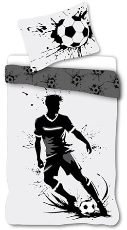 KK SHOPPING Versandhandel Klaus Kolodzie Bettwäsche Fußball Stürmer schwarz weiß Kissenbezug 80 x 80 cm und Bettbezug 135 x 200 cm, 100% Baumwolle Öko Tex 100