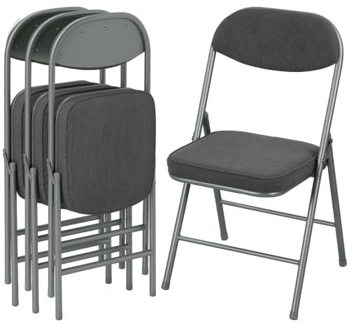 HOMCOM Fabric Padded Folding Chairs Set of 4 Heavy Duty Steel, Dark Grey | Corduroy Velvet Cushioned Seat, Backrest, Multi-Purpose for Home, Meeting Room, Office, Dining, Reception