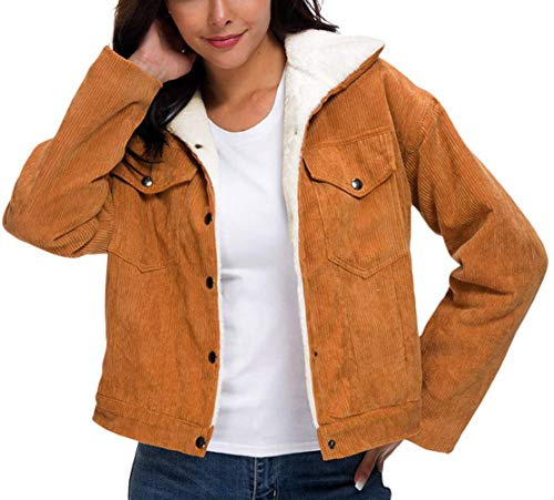 Minetom Femme Hiver Chaud Manteau Court en Velours Côtelé Manches Longues Épaissir Doublé Peluche Parka Blouson Rembourrée Veste A Marron L