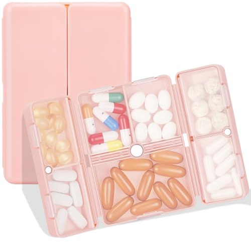 FYY Travel Pill Organizer, 7 Compartments Small Pill Box Medicine Case-Pink