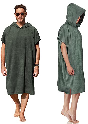 Kato Tirrinia Mikrofaser Frottee Surf Poncho Handtuch Badeponcho Bademäntel Sauna Damen Herren, Groß Surfponcho Strandponcho Erwachsene, Strandhandtuch Kapuzenhandtuch Sport Gym Beach Towel, Armeegrün