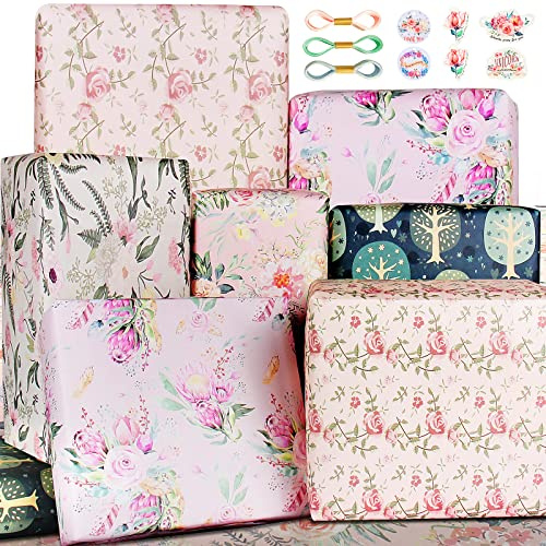 Bonkee Wrapping Paper for Women Girl Her,Eco Gift Wrapping Paper Birthday with Pastel Purple Pink Green Floral Design,Recycled Birthday Gift Wrap Paper Set Present Wrap with Tag Ribbon