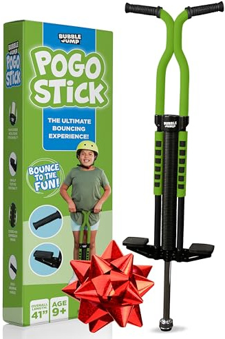 BUBBLE JUMP Pogo Stick for Kids Age 10 & up Green - for Boys, Girls, Teens & Adults 80 to 160 Lbs - Easy Grip Rubber Handle Master Jumper Pogo Sticks - High Jumping Kids Pogo Stick