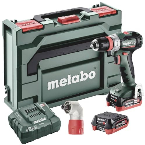 Metabo Perceuse-visseuse sans fil PowerMaxx BS 12 BL Q Pro (601045920) avec adaptateur d'angle de changement rapide « Quick », metaBOX 118, 12 V 2 x 4 Ah LiHD + ASC 55