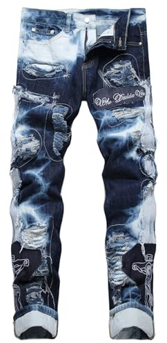 Herrdesigner snygga rippade slitna stretch lappade skinny tiggar jeans, Tvättad blå 563, 50