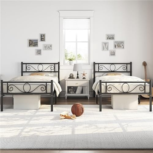 Yaheetech Set di 2 Struttura Letto Singolo in Ferro Battuto a Doghe in Metallo Stile Moderno Testiera Elegante Nero 90 x 200 cm