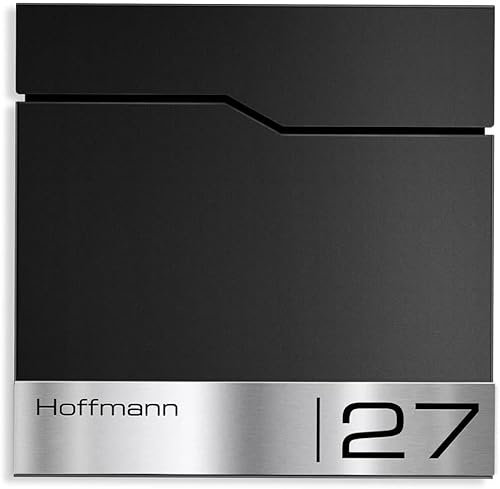 Metzler Briefkasten in RAL 9005 Tiefschwarz Enno - Wandbriefkasten mit V2A Edelstahl-Namensschild & Zeitungsfach - Postkasten mit Gravur, Größe: 37 x 37 x 10,5 cm