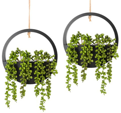 Hobyhoon Lot de 2 Plantes succulentes artificielles à Suspendre - 30,5 cm - dans Un Pot en Bois - Décoration Murale d'intérieur et d'extérieur - Noir