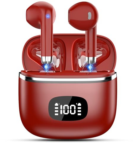 Wireless Earbuds - Bluetooth 5.3 Headphones with 4 ENC Noise Cancelling Mics - HiFi Stereo Deep Bass - 40 Hour Playtime In Ear Earphones - USB C Charging - Perfect for Sports, Work, and Leisure Red