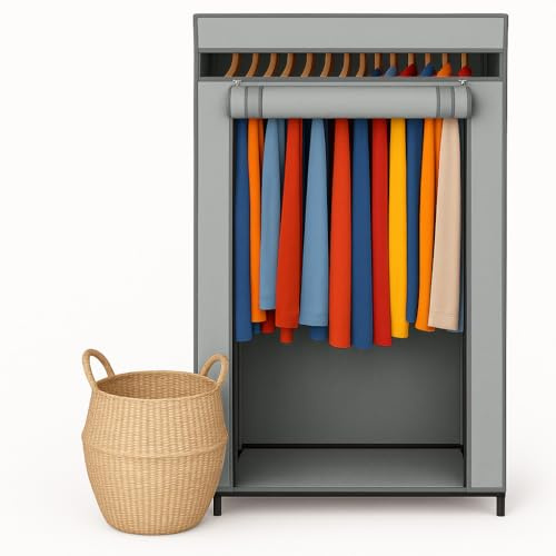 HOLDN’ STORAGE Portable Wardrobe Closet - 50 lb Capacity, Internal Heavy Duty Metal Rod, Zipper & Clear Window, Durable Clothes Organizer, Tool-Free Easy Assembly, Dark Gray Canvas Cover