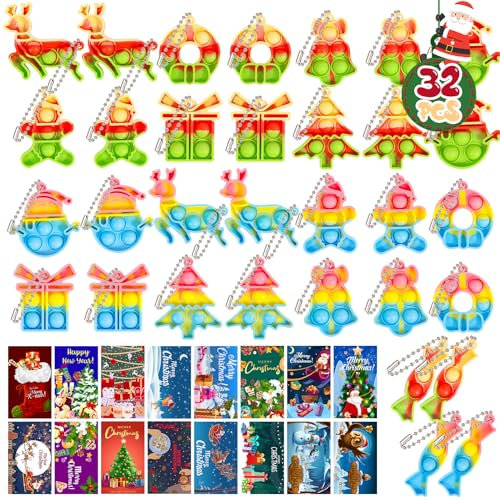 HOUT Paquete de 32 juguetes de llavero navideño Pop Fidget: bolsa de fiesta pequeño regalo para niños con 32 tarjetas de Navidad - Decoraciones para árboles de Navidad Poppet Bubble Silicona juguetes